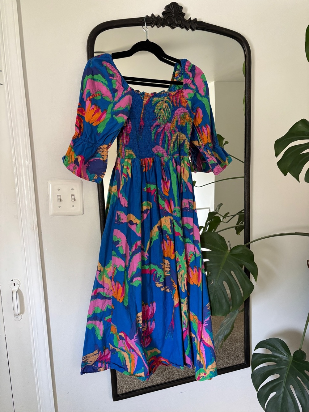 Smocked Midi Dress in Vibrant Blue Tropical Print